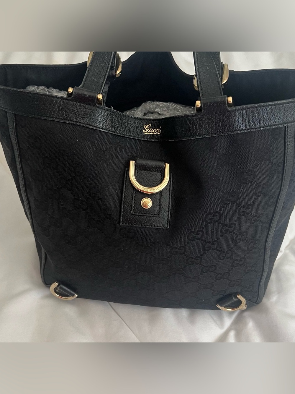 Gucci Black GG Canvas Tote with Gold Hardware Accents